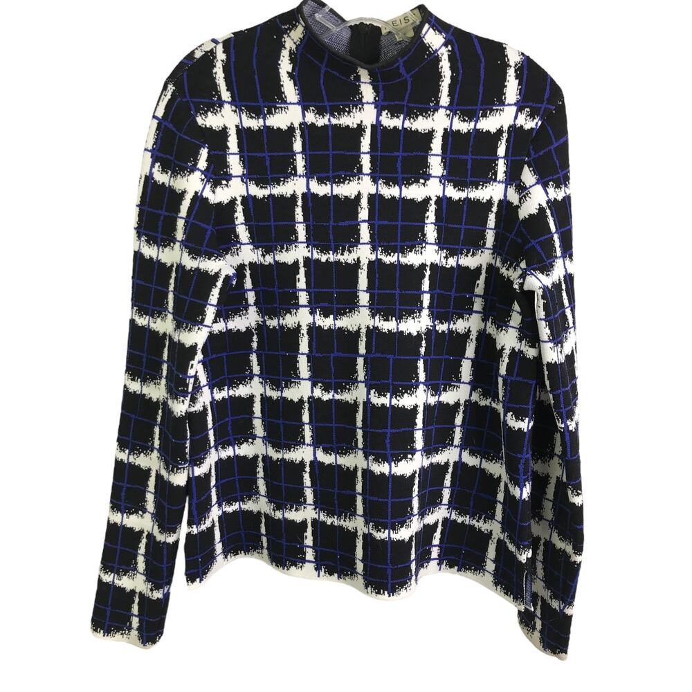 Reiss Zhenya Top Womens M Black Blue White Check Long Sleeve Crew‎ Neck Back Zip